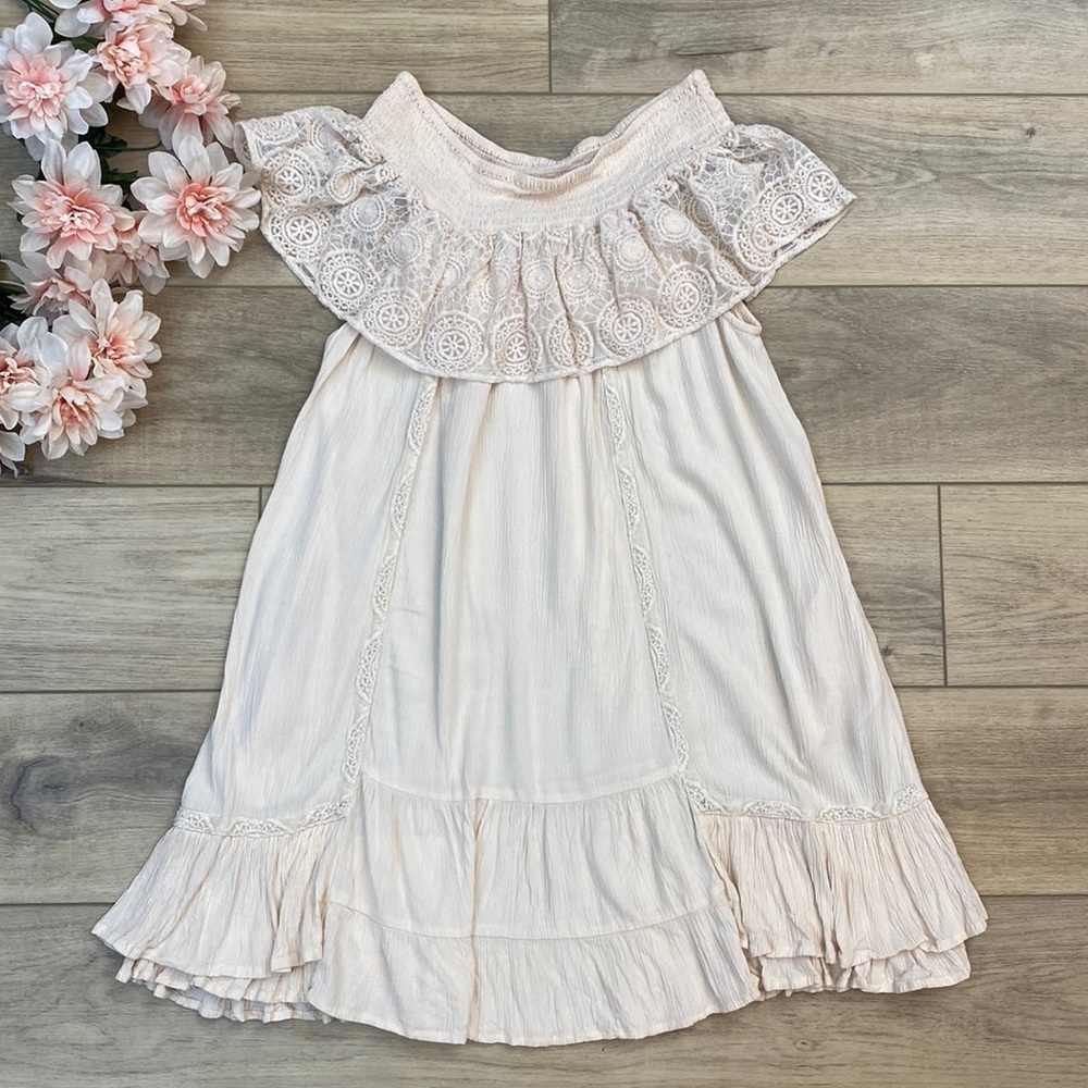 Muche Et Muchette ‎ Off The Shoulder Mini Dress Ruffle Romantic boho Petal Pink